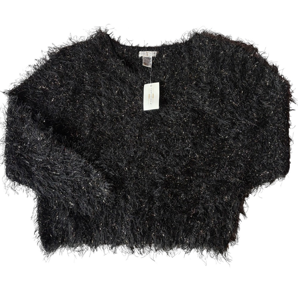 Yarnworks Vintage Eyelash Fuzzy Knit Sweater Black Metallic Tinsel Shaggy XL NWT